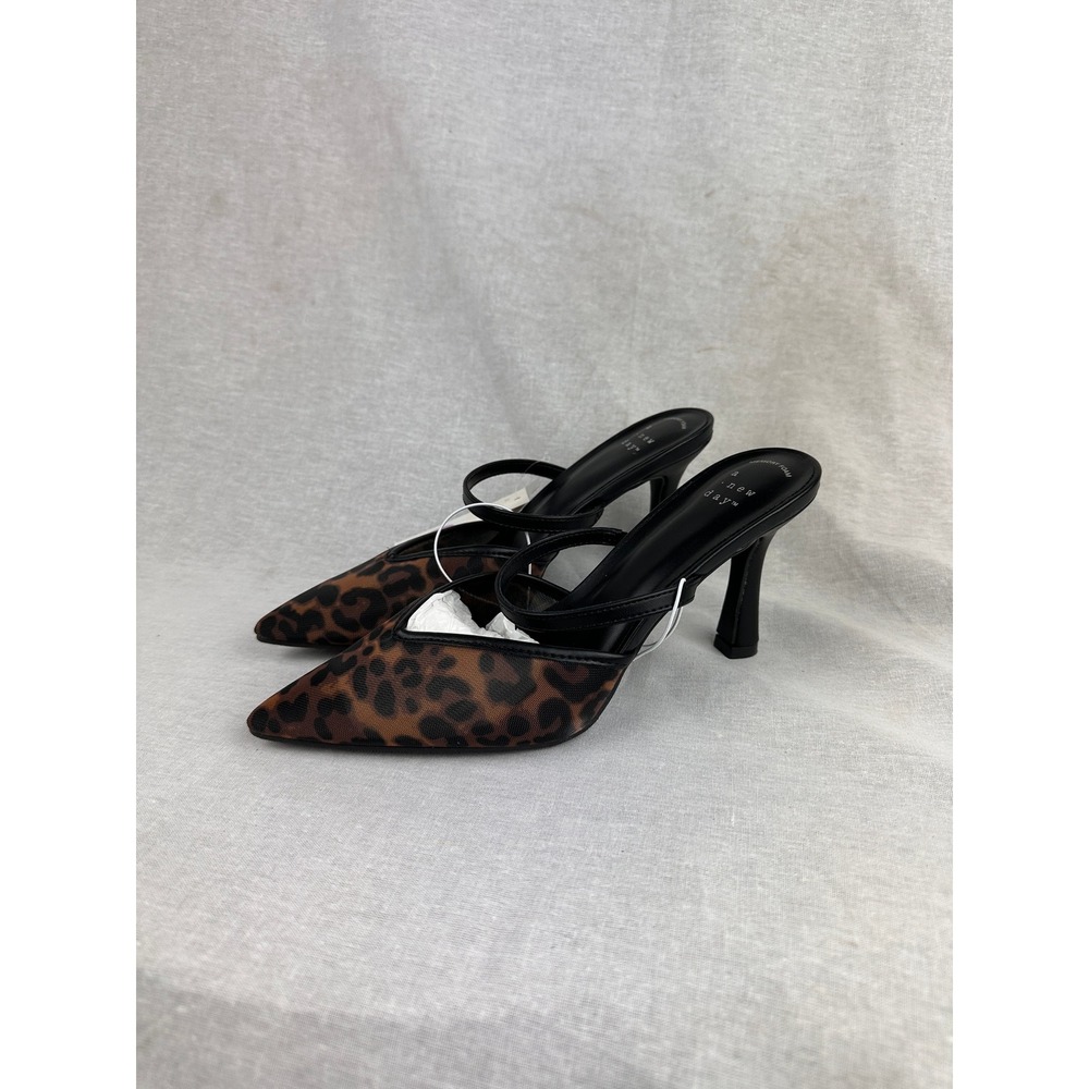 A New Day Womens Leopard Print Mesh Pointed Toe Mules Stiletto Heels Brown 6.5